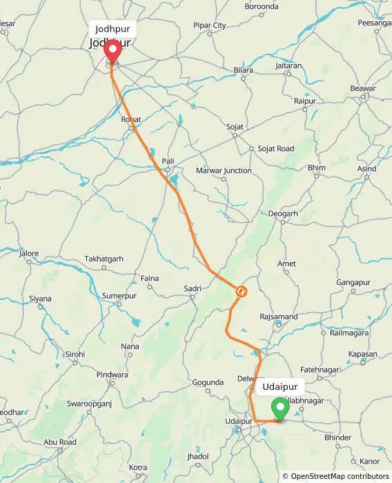 Route map showing distance and travel time from Udaipur, India to Jodhpur, India
