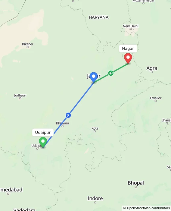 Route map showing distance and travel time from Udaipur, India to Nagar, India