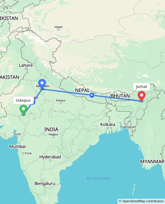 Route map showing distance and travel time from Udaipur, India to Jorhat, India