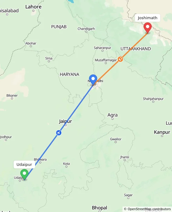 Route map showing distance and travel time from Udaipur, India to Joshimath, India