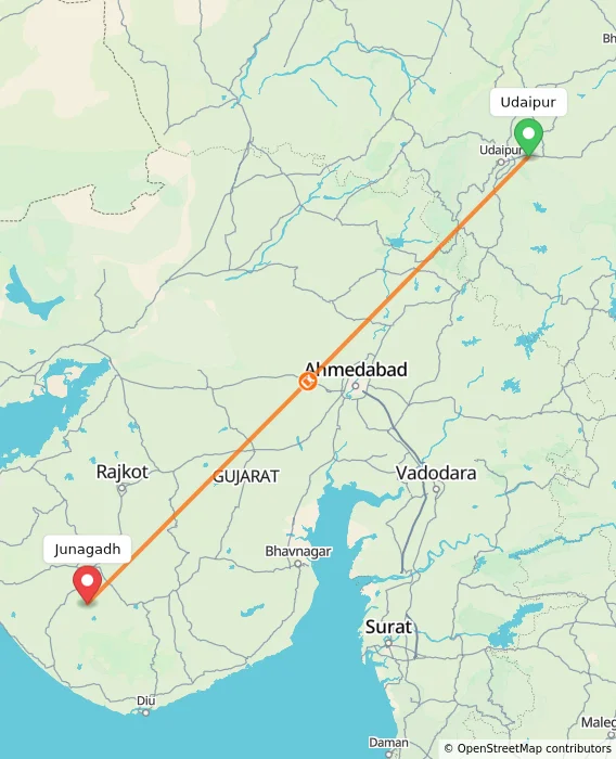 Route map showing distance and travel time from Udaipur, India to Junagadh, India