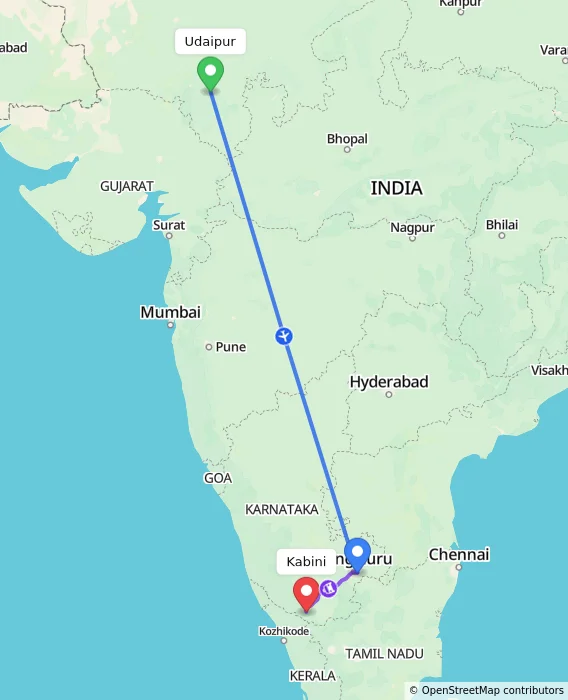Route map showing distance and travel time from Udaipur, India to Kabini, India