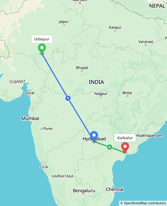Route map showing distance and travel time from Udaipur, India to Kaikalur, India