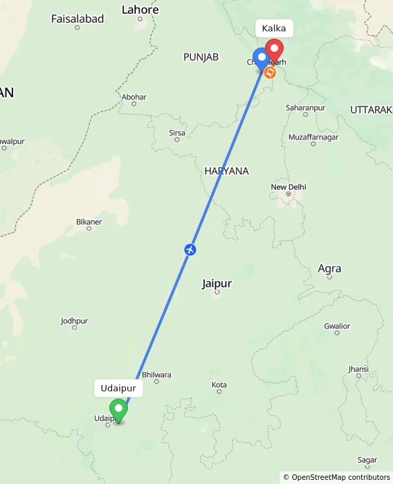 Route map showing distance and travel time from Udaipur, India to Kalka, India