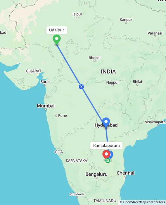 Route map showing distance and travel time from Udaipur, India to Kamalapuram, India