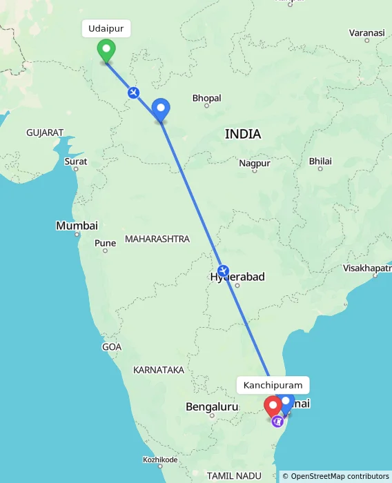 Route map showing distance and travel time from Udaipur, India to Kanchipuram, India
