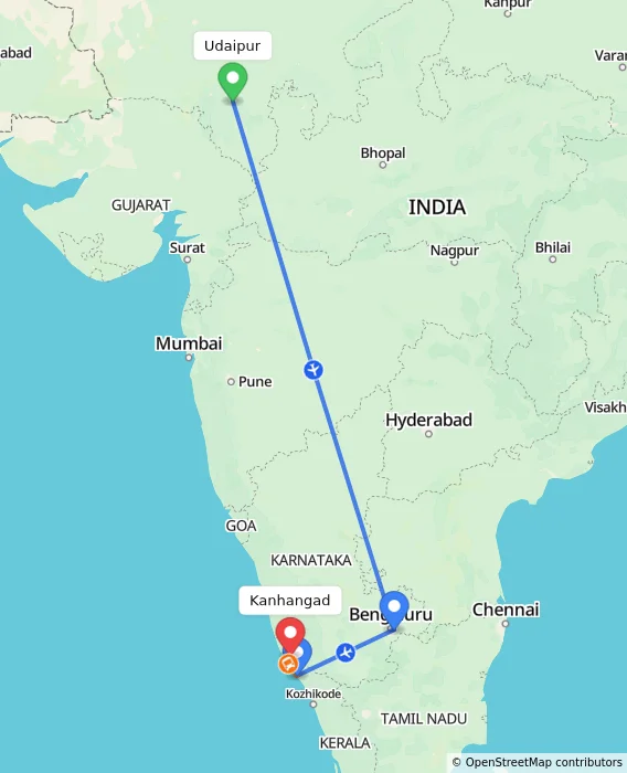 Route map showing distance and travel time from Udaipur, India to Kanhangad, India