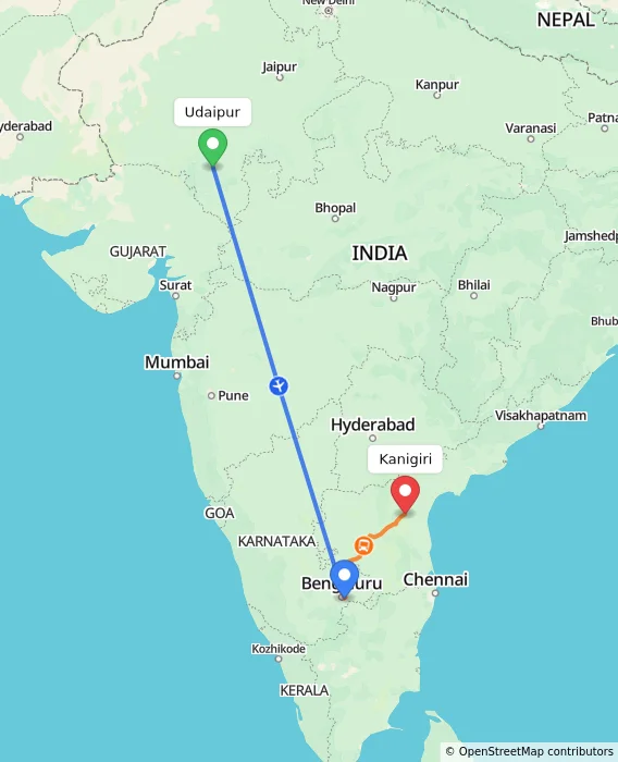 Route map showing distance and travel time from Udaipur, India to Kanigiri, India