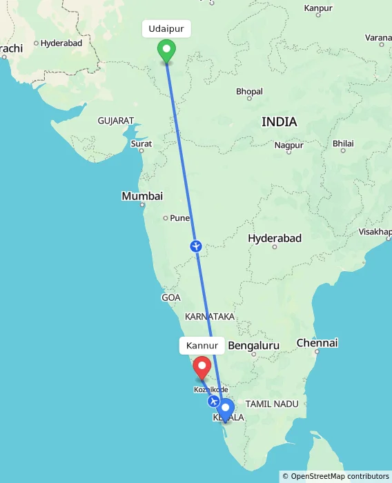 Route map showing distance and travel time from Udaipur, India to Kannur, India