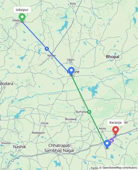 Route map showing distance and travel time from Udaipur, India to Karanja, India