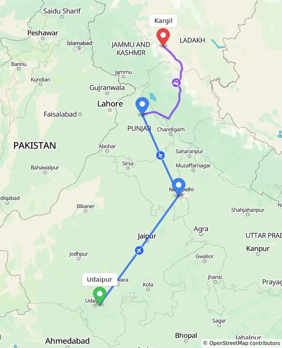 Route map showing distance and travel time from Udaipur, India to Kargil, India