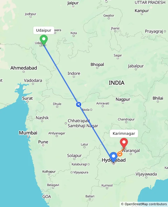 Route map showing distance and travel time from Udaipur, India to Karimnagar, India