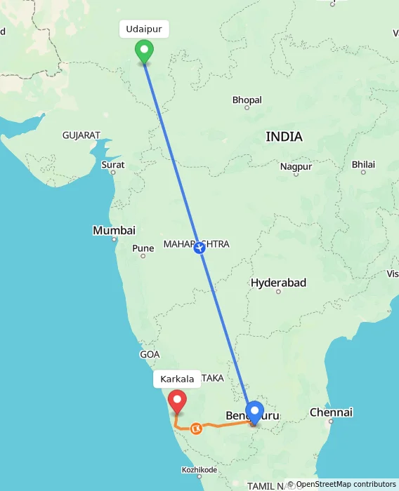 Route map showing distance and travel time from Udaipur, India to Karkala, India
