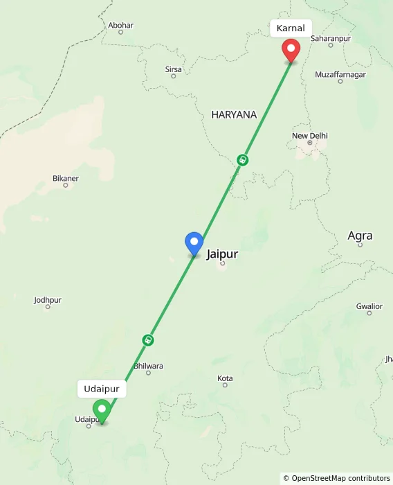 Route map showing distance and travel time from Udaipur, India to Karnal, India