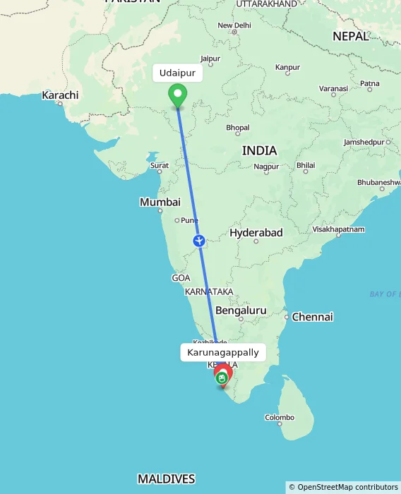 Route map showing distance and travel time from Udaipur, India to Karunagappally, India