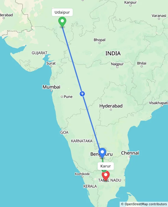 Route map showing distance and travel time from Udaipur, India to Karur, India