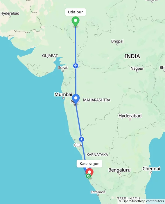 Route map showing distance and travel time from Udaipur, India to Kasaragod, India