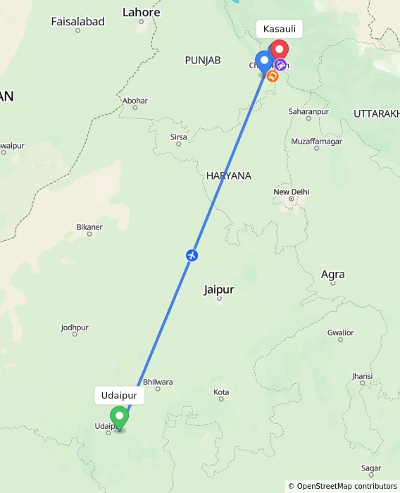 Route map showing distance and travel time from Udaipur, India to Kasauli, India
