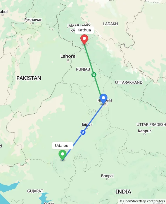 Route map showing distance and travel time from Udaipur, India to Kathua, India