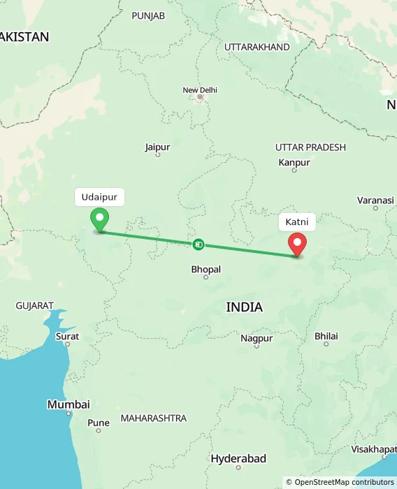 Route map showing distance and travel time from Udaipur, India to Katni, India