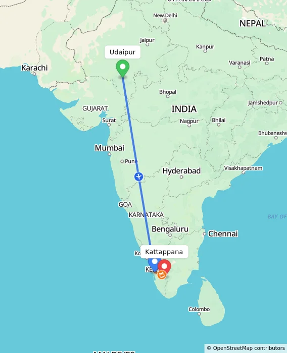 Route map showing distance and travel time from Udaipur, India to Kattappana, India