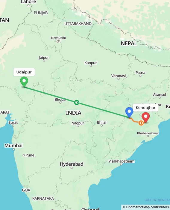 Route map showing distance and travel time from Udaipur, India to Kendujhar, India
