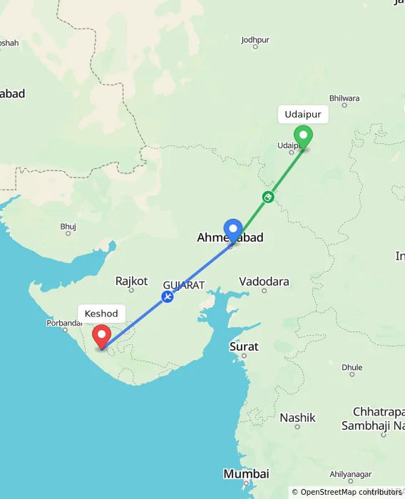 Route map showing distance and travel time from Udaipur, India to Keshod, India