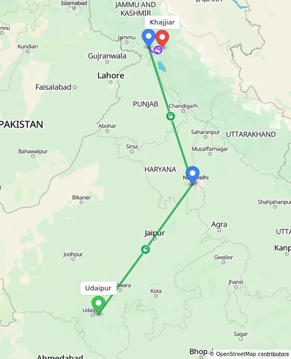 Route map showing distance and travel time from Udaipur, India to Khajjiar, India