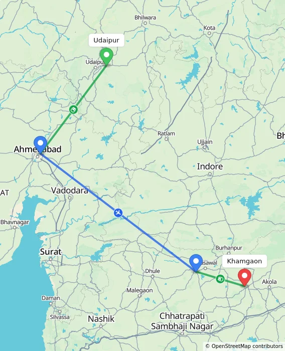 Route map showing distance and travel time from Udaipur, India to Khamgaon, India