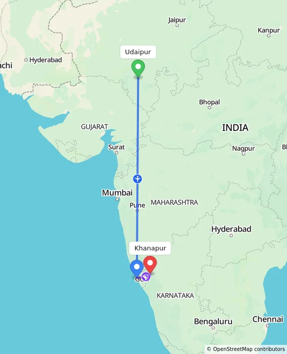 Route map showing distance and travel time from Udaipur, India to Khanapur, India