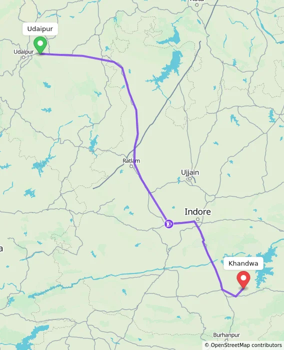Route map showing distance and travel time from Udaipur, India to Khandwa, India