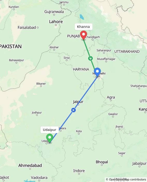 Route map showing distance and travel time from Udaipur, India to Khanna, India