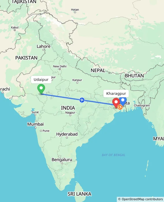 Route map showing distance and travel time from Udaipur, India to Kharagpur, India