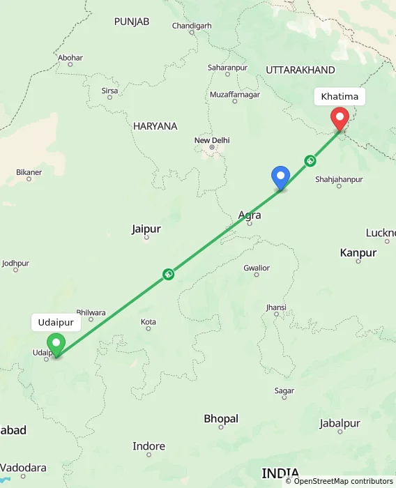 Route map showing distance and travel time from Udaipur, India to Khatima, India