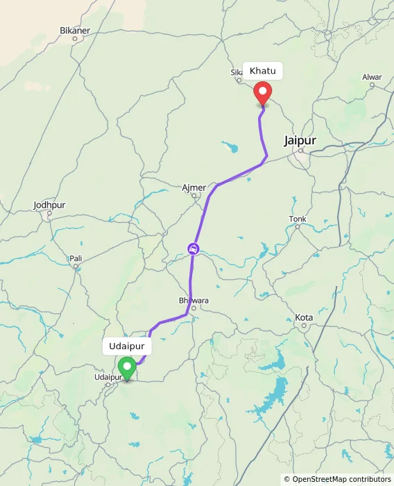 Route map showing distance and travel time from Udaipur, India to Khatu, India