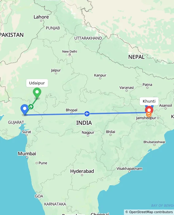 Route map showing distance and travel time from Udaipur, India to Khunti, India