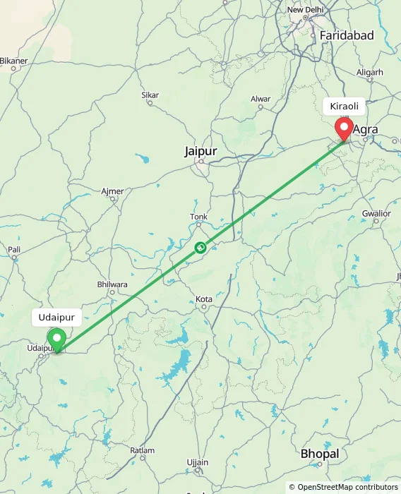 Route map showing distance and travel time from Udaipur, India to Kiraoli, India
