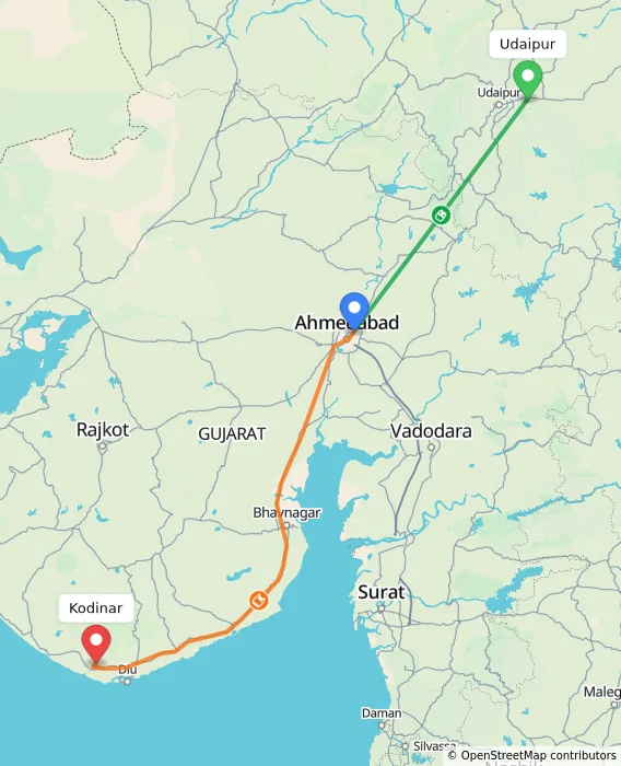 Route map showing distance and travel time from Udaipur, India to Kodinar, India