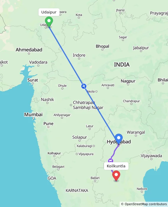 Route map showing distance and travel time from Udaipur, India to Koilkuntla, India
