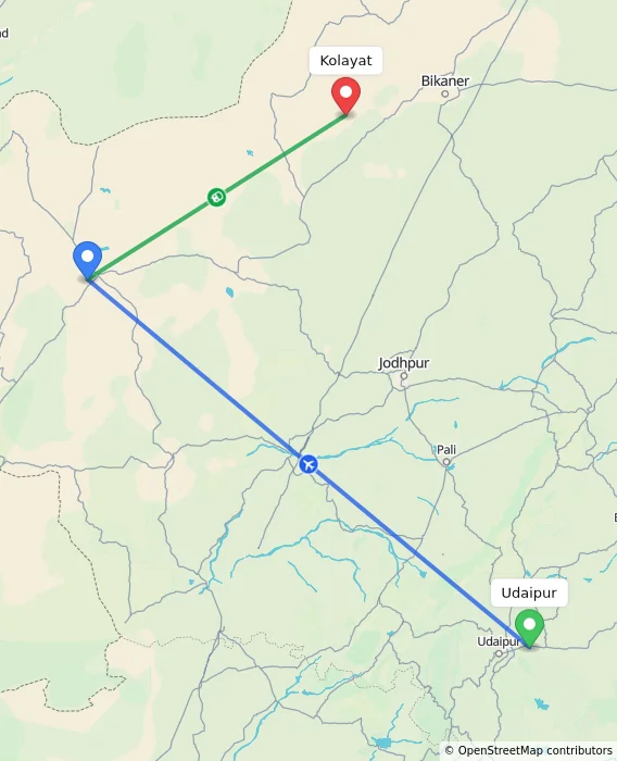 Route map showing distance and travel time from Udaipur, India to Kolayat, India
