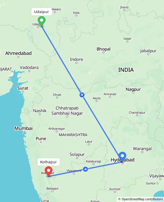 Route map showing distance and travel time from Udaipur, India to Kolhapur, India
