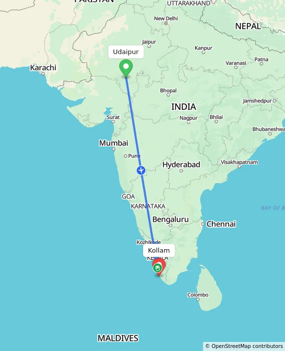 Route map showing distance and travel time from Udaipur, India to Kollam, India