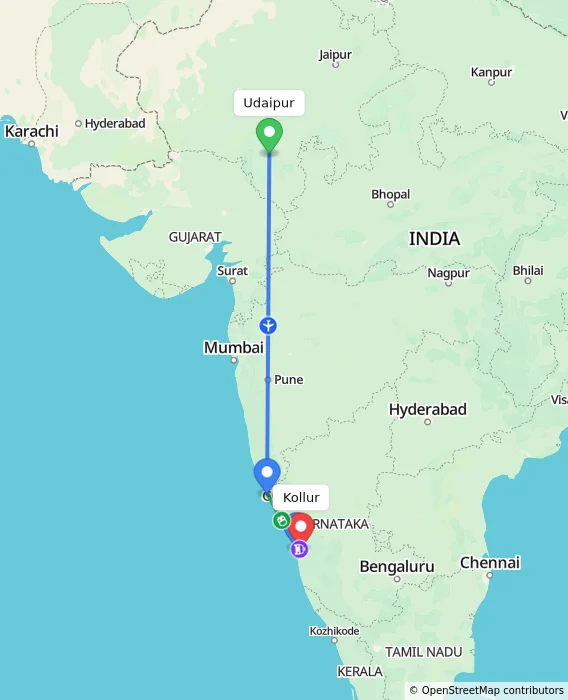 Route map showing distance and travel time from Udaipur, India to Kollur, India