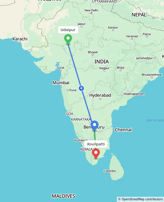 Route map showing distance and travel time from Udaipur, India to Kovilpatti, India