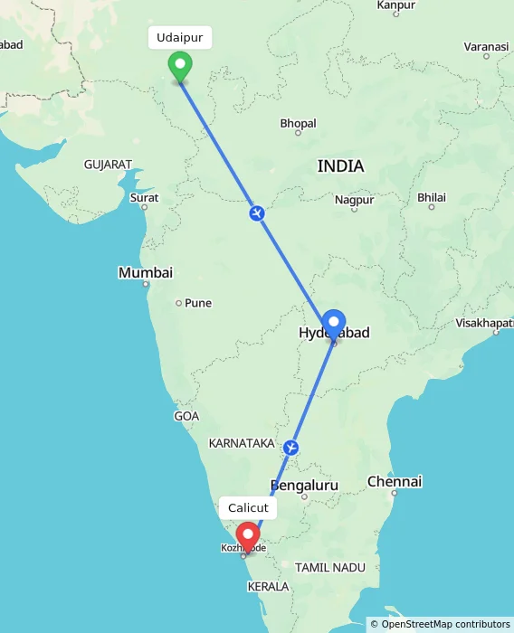 Route map showing distance and travel time from Udaipur, India to Kozhikode, India