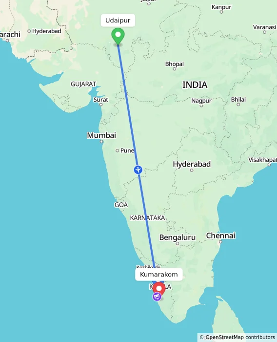 Route map showing distance and travel time from Udaipur, India to Kumarakom, India