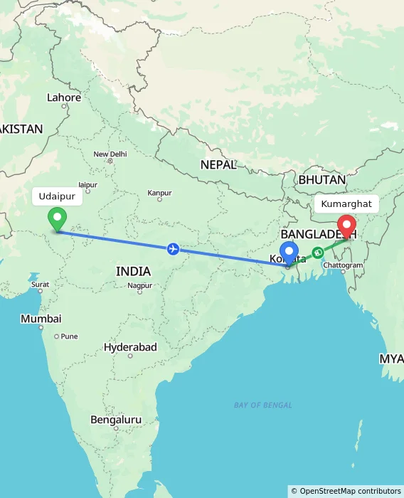 Route map showing distance and travel time from Udaipur, India to Kumarghat, India