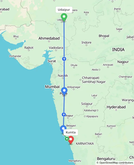 Route map showing distance and travel time from Udaipur, India to Kumta, India