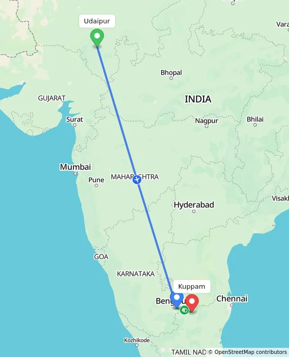 Route map showing distance and travel time from Udaipur, India to Kuppam, India