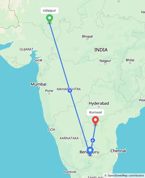 Route map showing distance and travel time from Udaipur, India to Kurnool, India